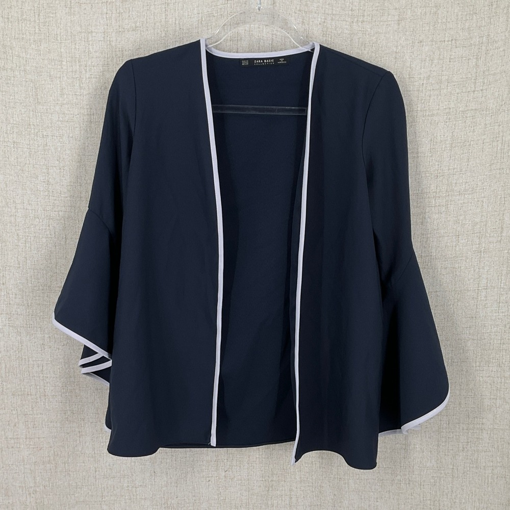Zara Basic Cardigan Women XS Navy Blue Bell Sleeve Contrast Trim Preppy Office